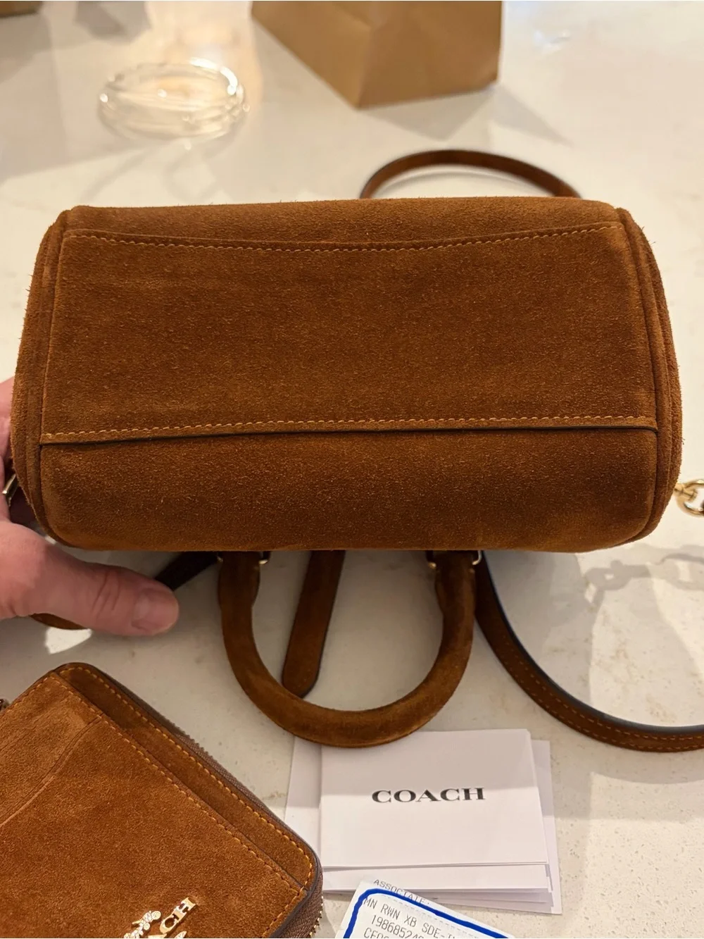 Coach Mini Rowan Suede Satchel in Chestnut Brown with Gold Hardware and wallet